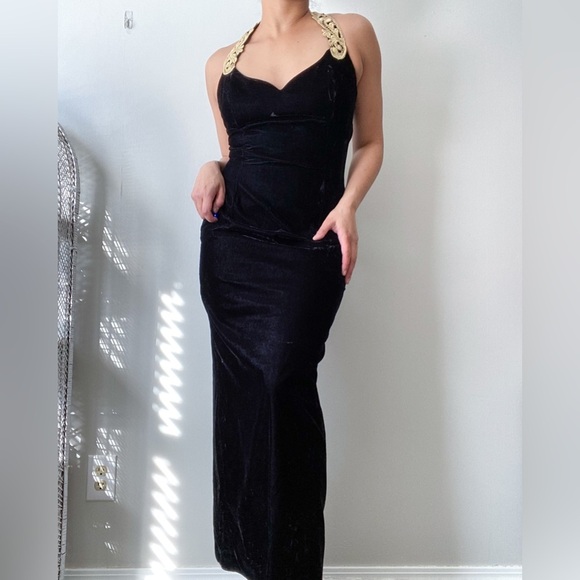 Vintage Dresses & Skirts - Vintage Scott McClintock Velvet Black Metallic Gold Sleeveless Formal Maxi Dress